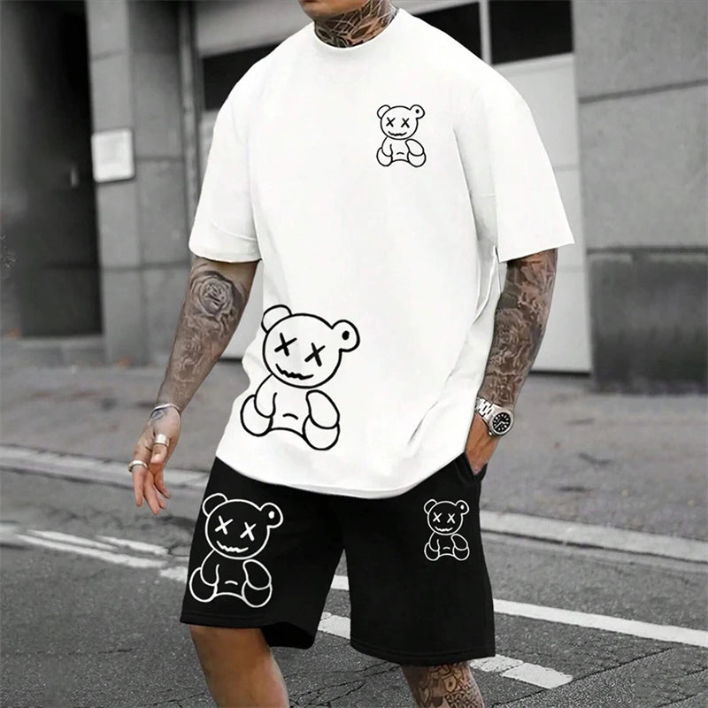 Men's Harajuku Bear Print Summer 2-Piece Set – Loose Short Sleeve T-Shirt & Shorts