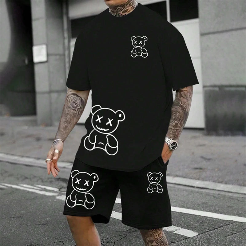 Men's Harajuku Bear Print Summer 2-Piece Set – Loose Short Sleeve T-Shirt & Shorts