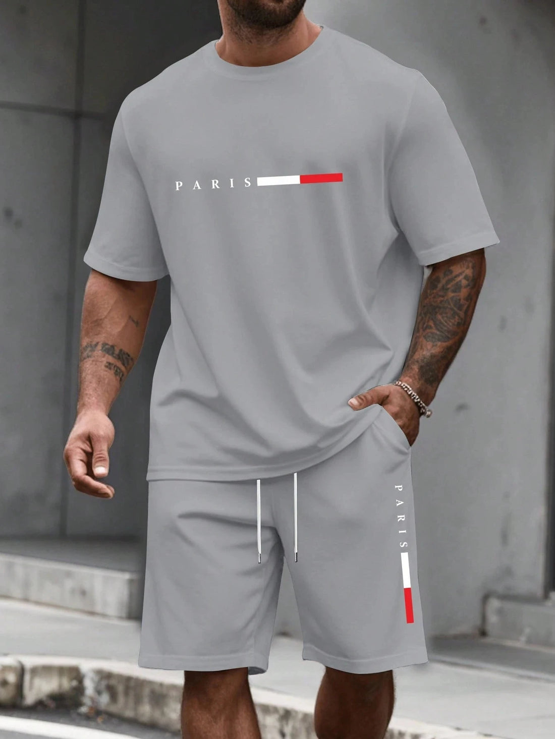 Men's Paris Letter Print 2-Piece Set – Round Neck Short Sleeve T-Shirt & Sport Shorts