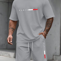 Men's Paris Letter Print 2-Piece Set – Round Neck Short Sleeve T-Shirt & Sport Shorts