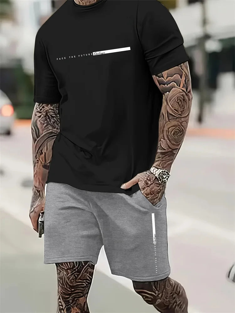 Men's 2025 Summer Letter Print Round Neck Short Sleeve Sports Set – Casual Outdoor Suit