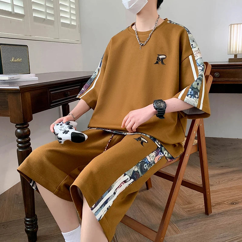 Men's Korean Style Summer Sportswear Set – Short Sleeve T-Shirt & Sports Shorts Casual Outfit