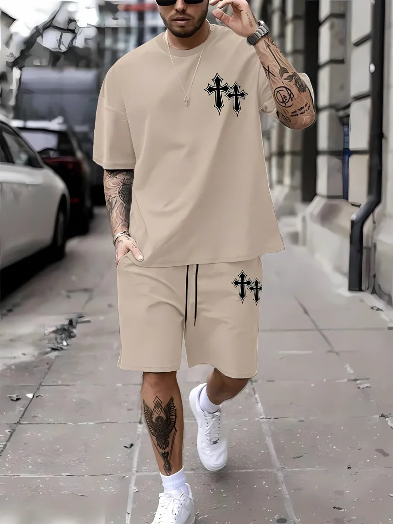 New men's summer two-piece set men's T-shirt top shorts set men's round neck T-shirt loose casual