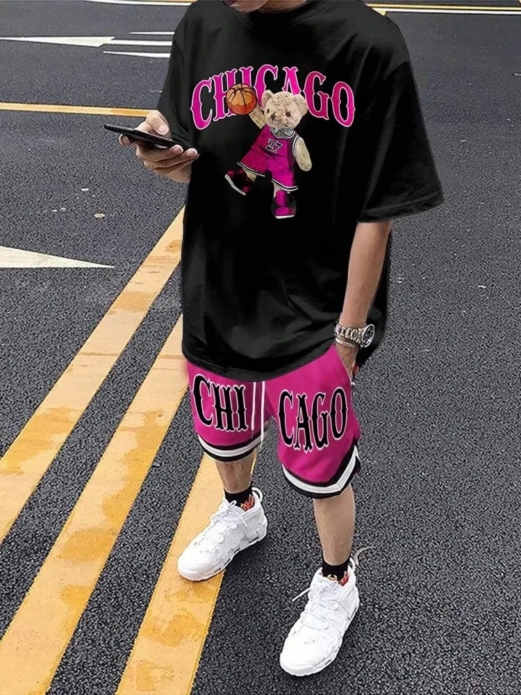 Men's Cartoon Bear 3D Print Short Sleeve Set – Streetwear T-Shirt & Drawstring Shorts