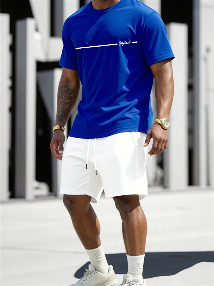 Men's 2025 Summer Letter Print Round Neck Short Sleeve Sports Set – Casual Outdoor Suit