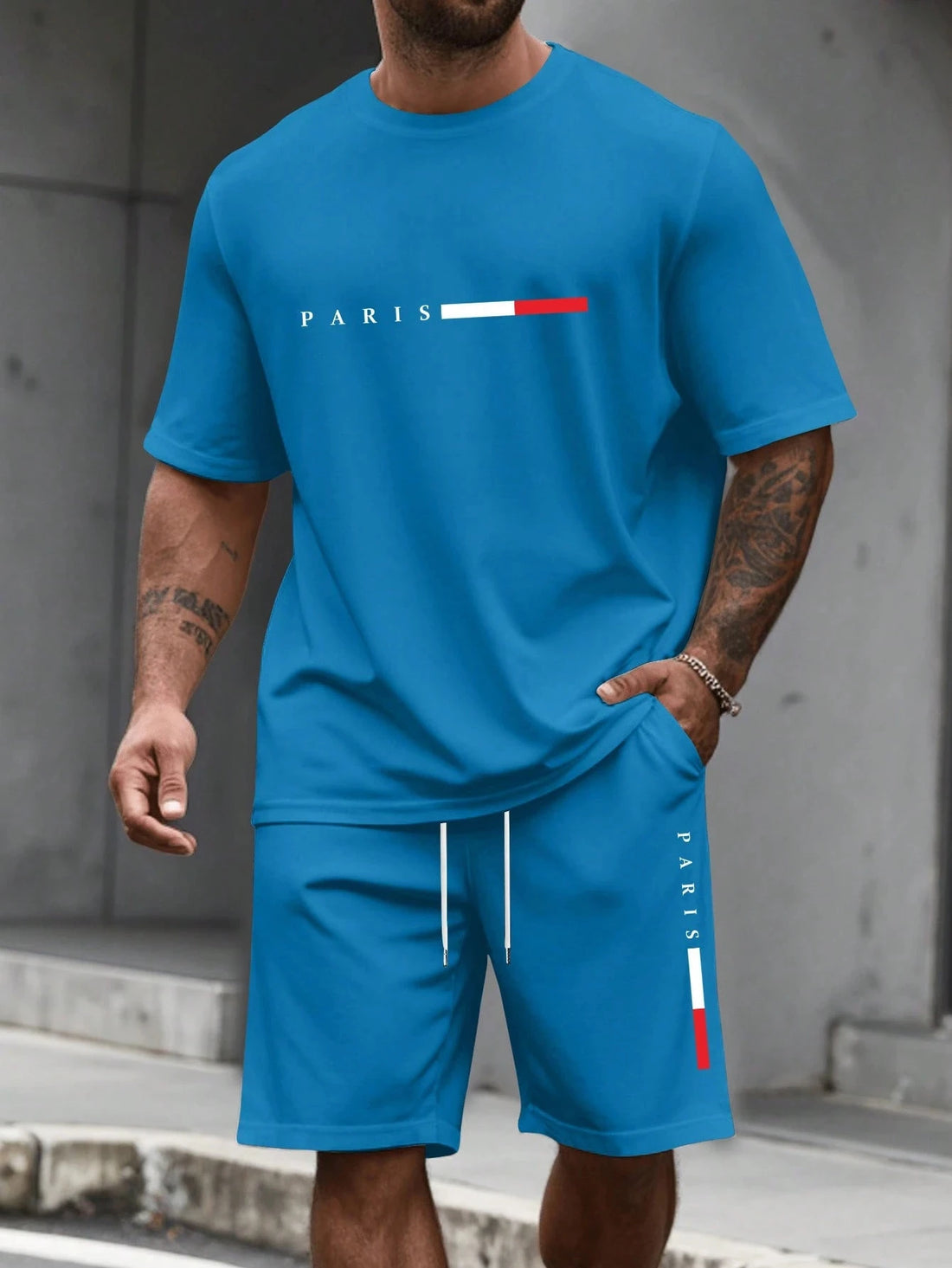 Men's Paris Letter Print 2-Piece Set – Round Neck Short Sleeve T-Shirt & Sport Shorts