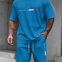 Men's Paris Letter Print 2-Piece Set – Round Neck Short Sleeve T-Shirt & Sport Shorts