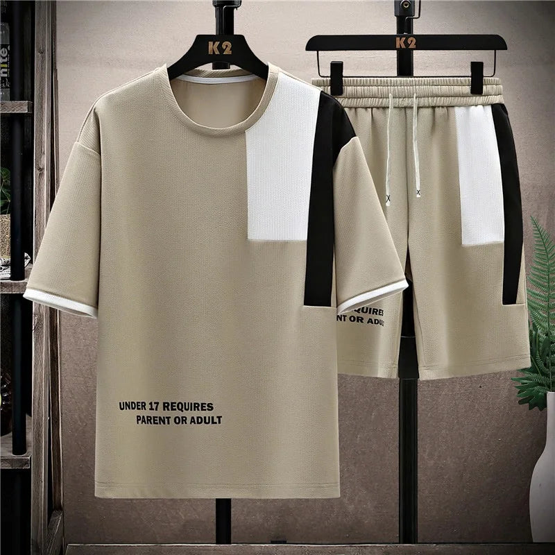 Men's Summer Casual Splicing Round Neck Sports Set – Plus Size Half Sleeve