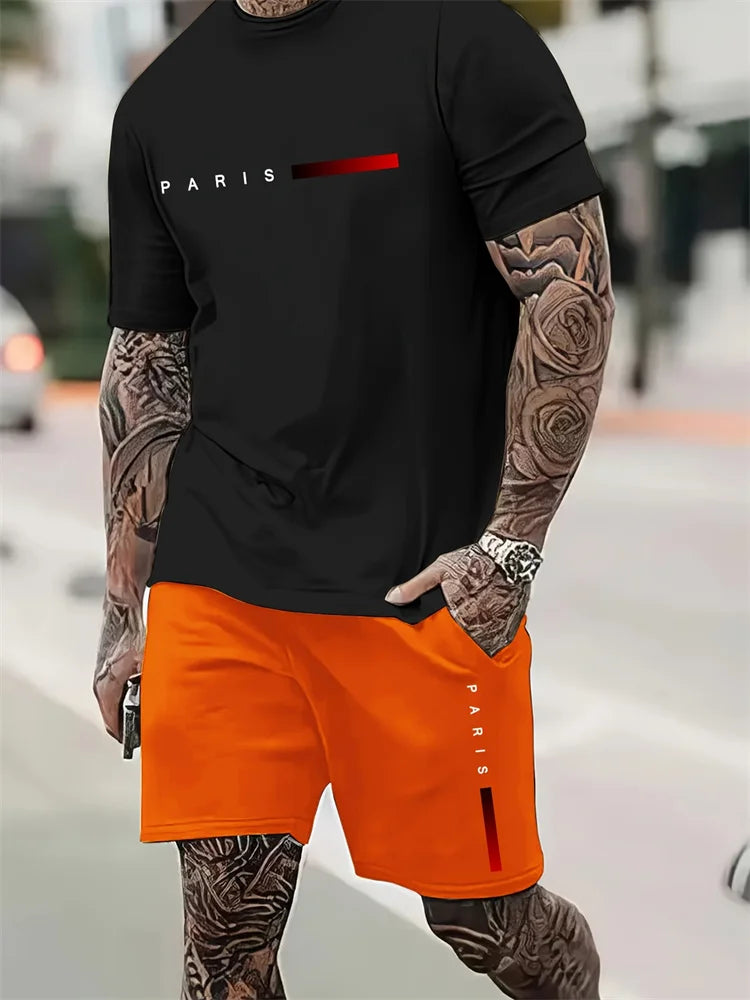 Men's 2025 Summer Letter Print Round Neck Short Sleeve Sports Set – Casual Outdoor Suit