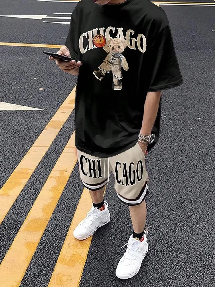 Men's Cartoon Bear 3D Print Short Sleeve Set – Streetwear T-Shirt & Drawstring Shorts