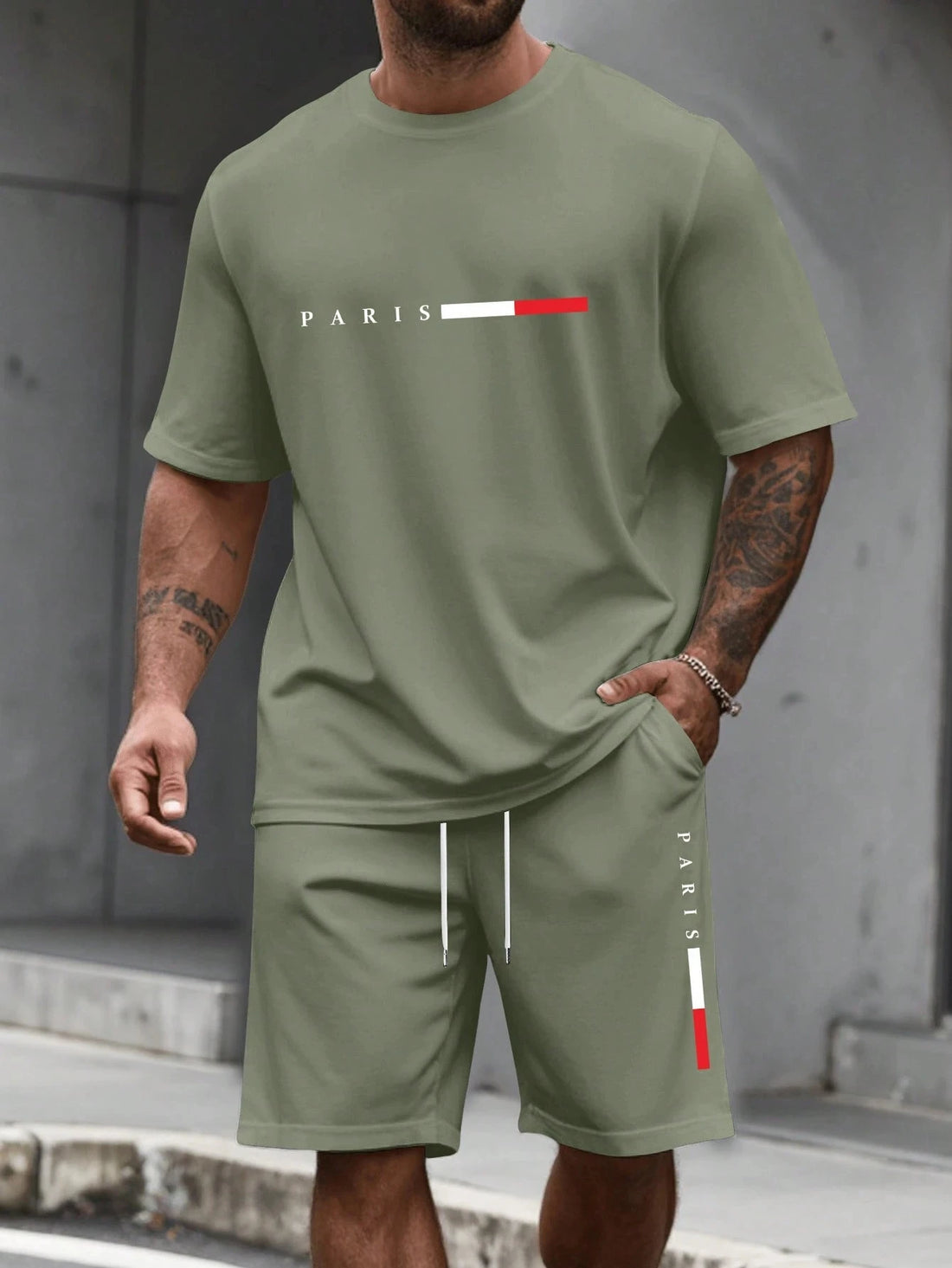 Men's Paris Letter Print 2-Piece Set – Round Neck Short Sleeve T-Shirt & Sport Shorts