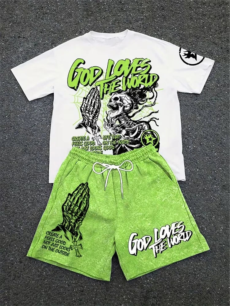 Men's 3D Skull Print Hip-Hop 2-Piece Set – Round Neck Top & Shorts | American Street Style