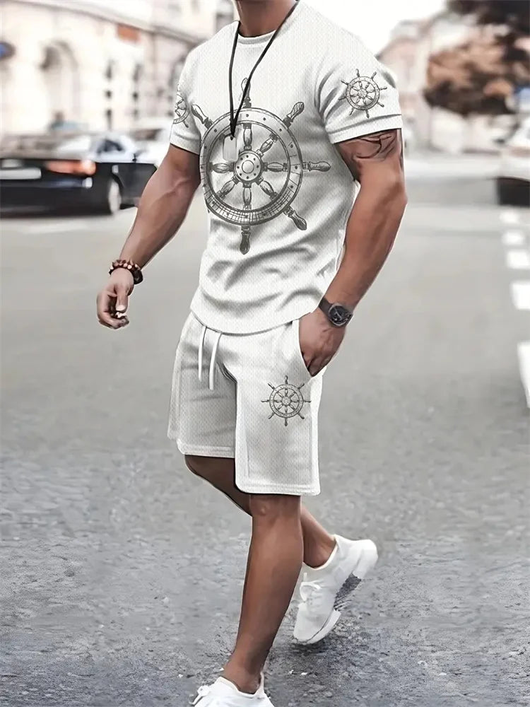 Men's Sailor Anchor Print Short Sleeve Set – T-Shirt & Drawstring Shorts