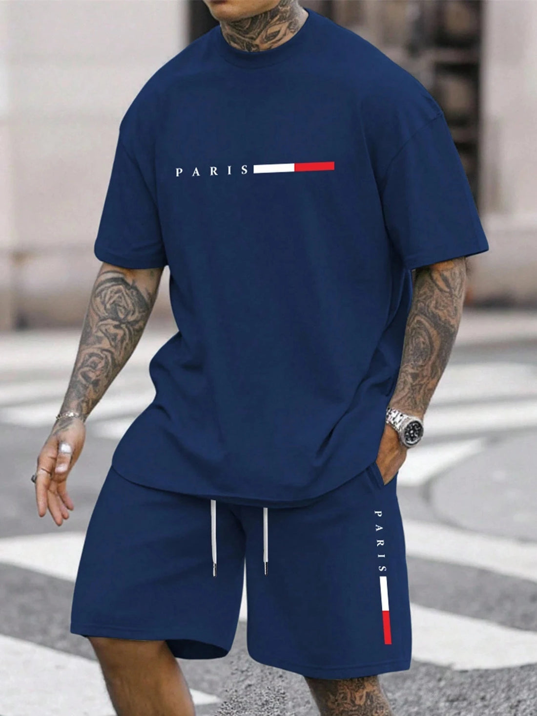 Men's Paris Letter Print 2-Piece Set – Round Neck Short Sleeve T-Shirt & Sport Shorts