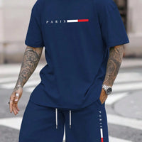Men's Paris Letter Print 2-Piece Set – Round Neck Short Sleeve T-Shirt & Sport Shorts