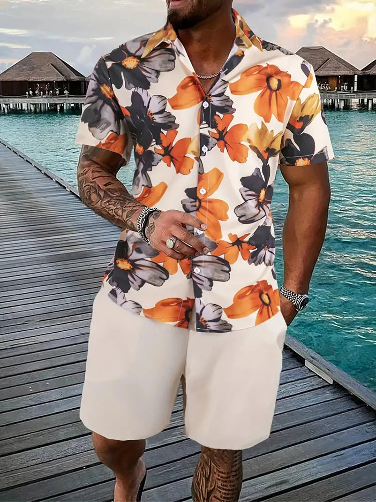 Men's Hawaii Baroque Print 2-Piece Set – Short Sleeve Lapel Shirt & Shorts Summer Vacation Suit