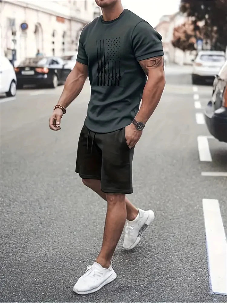 Men's Camouflage Print Summer Sportswear Set – Short Sleeve & Shorts 2-Piece