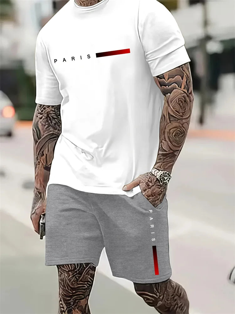 Men's 2025 Summer Letter Print Round Neck Short Sleeve Sports Set – Casual Outdoor Suit