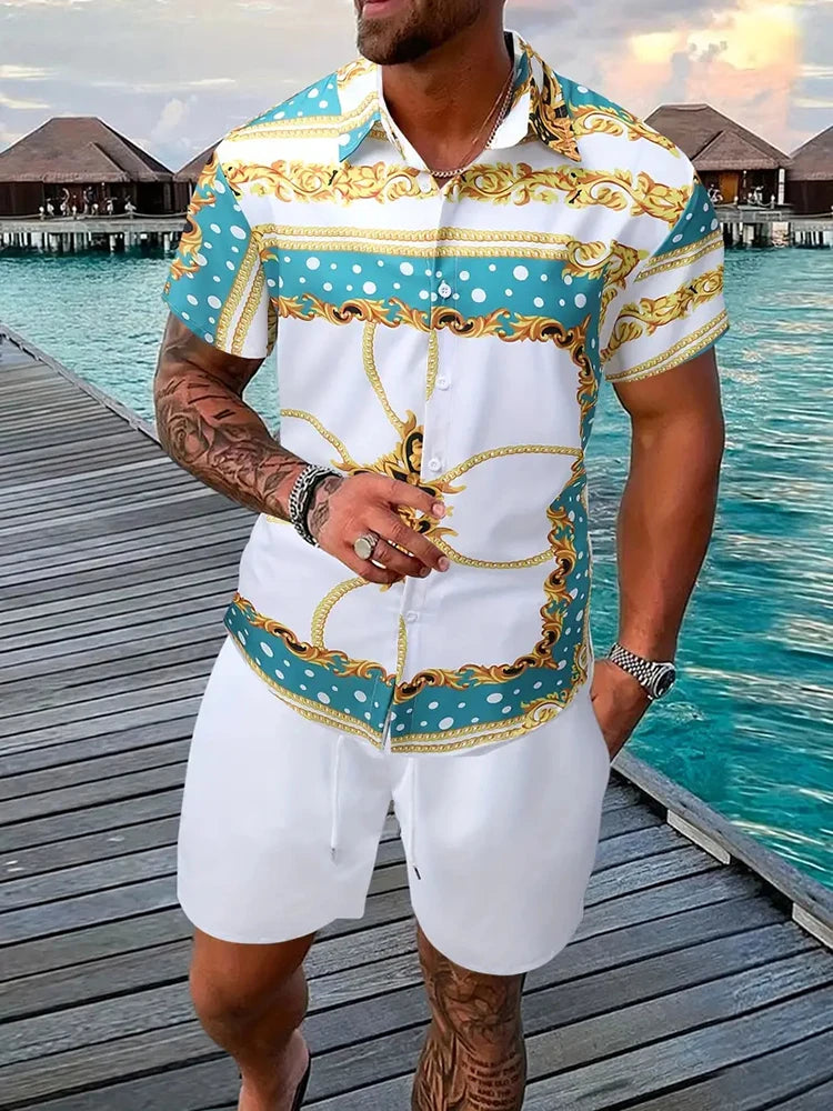 Men's Hawaii Baroque Print 2-Piece Set – Short Sleeve Lapel Shirt & Shorts Summer Vacation Suit