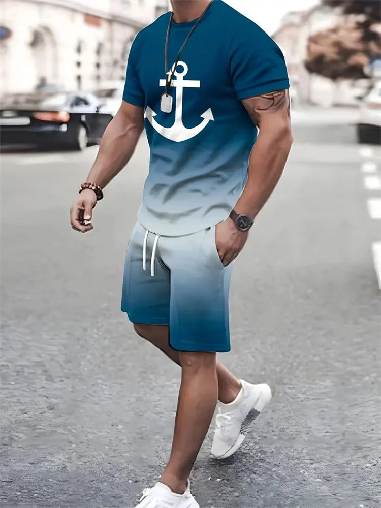 Men's Sailor Anchor Print Short Sleeve Set – T-Shirt & Drawstring Shorts