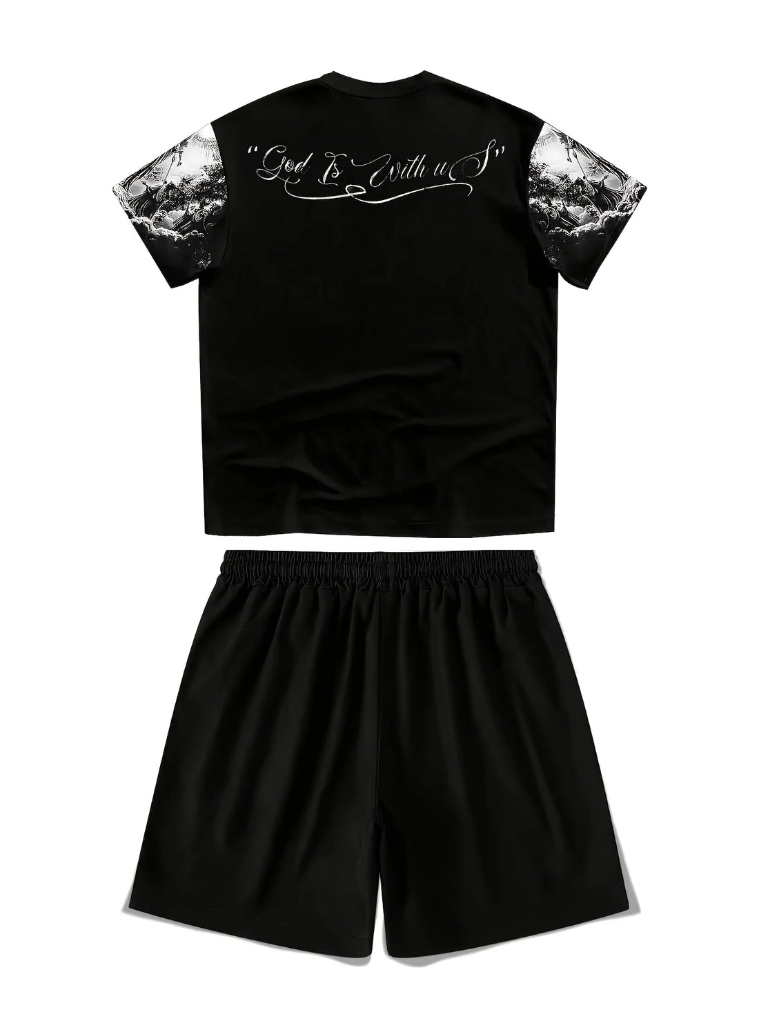 Men's Angel Christ Print Round Neck T-Shirt & Shorts Set – Breathable Casual Summer Outfit