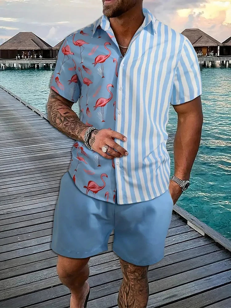 Men's Hawaii Baroque Print 2-Piece Set – Short Sleeve Lapel Shirt & Shorts Summer Vacation Suit