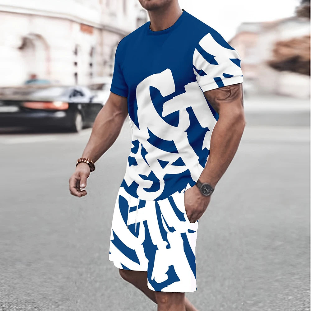 Men's Big Font Print Round Neck T-Shirt & Shorts Set – Breathable Casual Summer Outfit