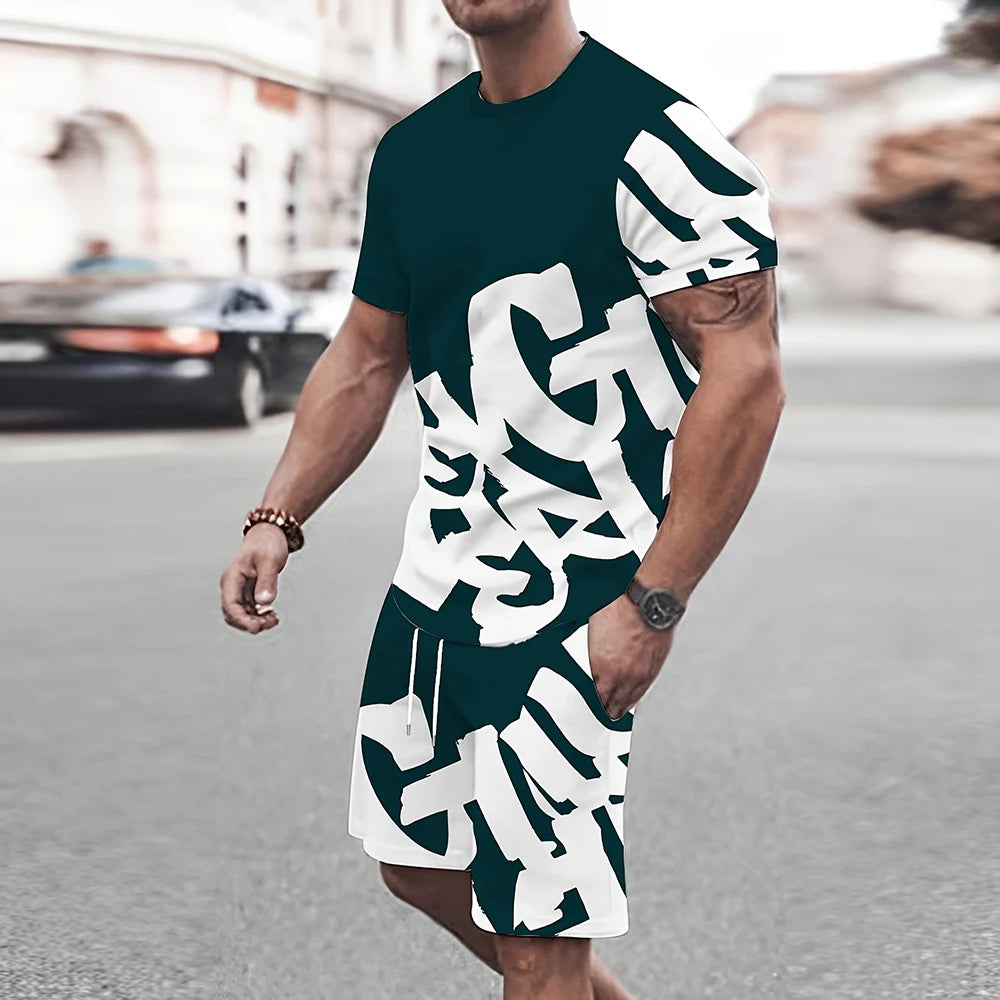 Men's Big Font Print Round Neck T-Shirt & Shorts Set – Breathable Casual Summer Outfit