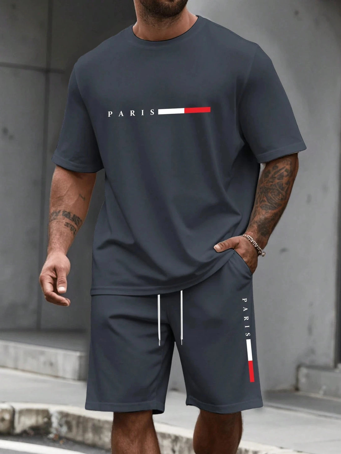 Men's Paris Letter Print 2-Piece Set – Round Neck Short Sleeve T-Shirt & Sport Shorts