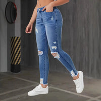 Fashion Skinny Hole Jeans Women 2025 Autumn Stretchy High Waisted Ripped Slim Retro Solid Color Denim Trousers Pants