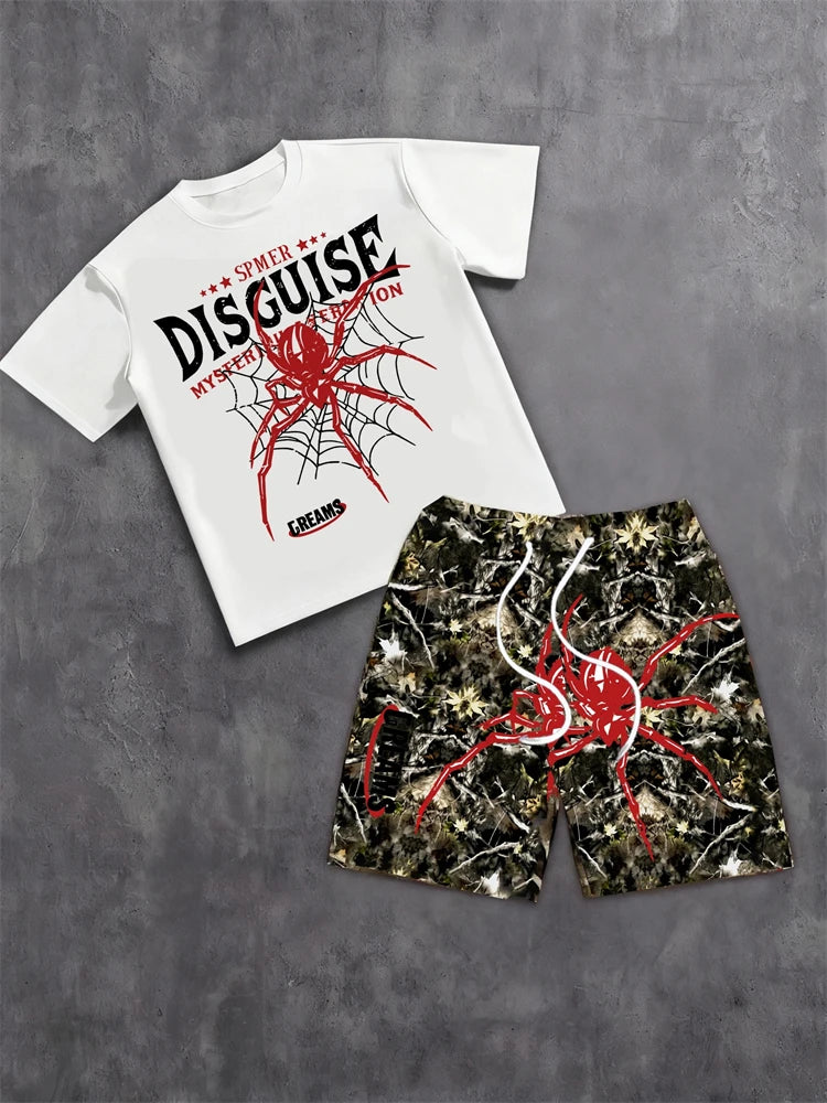 Men's 3D Skull Print Hip-Hop 2-Piece Set – Round Neck Top & Shorts | American Street Style
