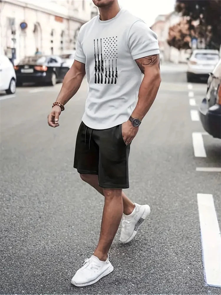 Men's Camouflage Print Summer Sportswear Set – Short Sleeve & Shorts 2-Piece