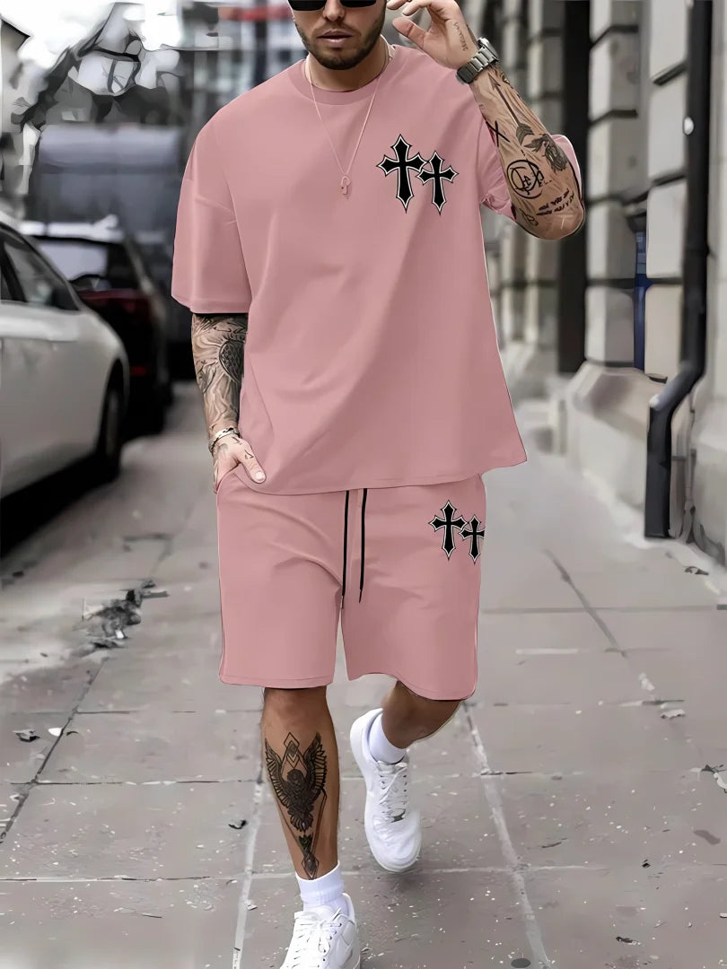 New men's summer two-piece set men's T-shirt top shorts set men's round neck T-shirt loose casual