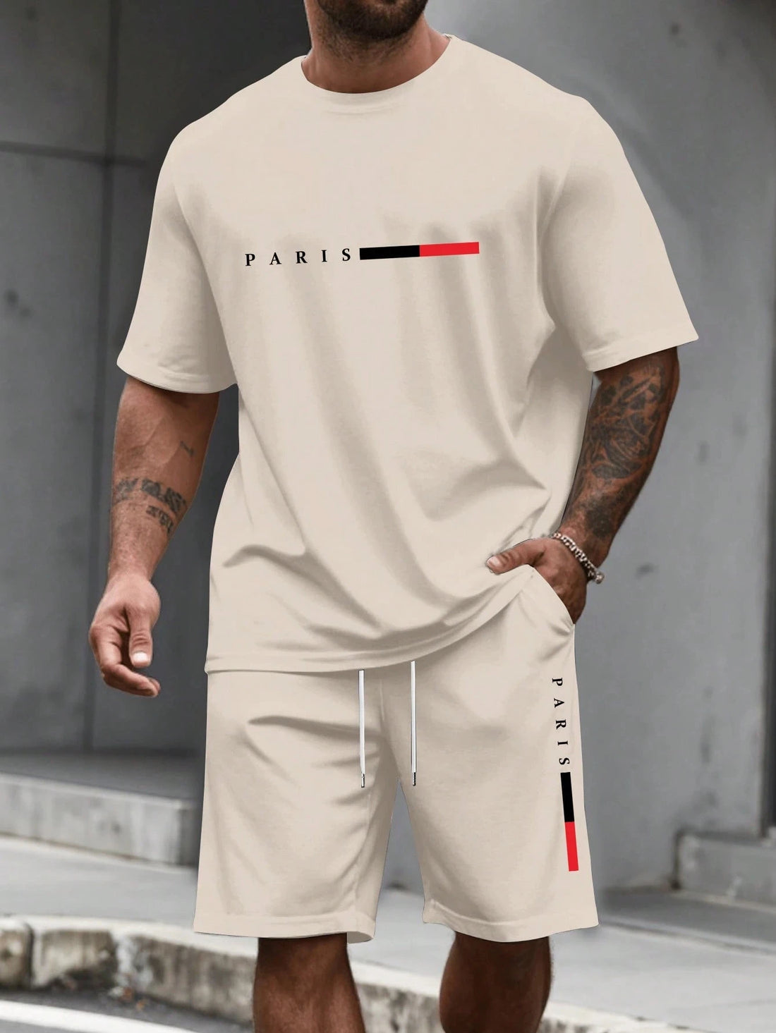 Men's Paris Letter Print 2-Piece Set – Round Neck Short Sleeve T-Shirt & Sport Shorts