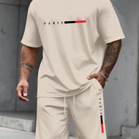 Men's Paris Letter Print 2-Piece Set – Round Neck Short Sleeve T-Shirt & Sport Shorts