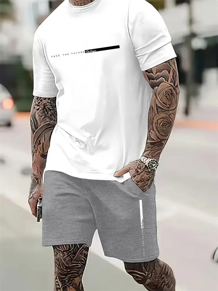 Men's 2025 Summer Letter Print Round Neck Short Sleeve Sports Set – Casual Outdoor Suit