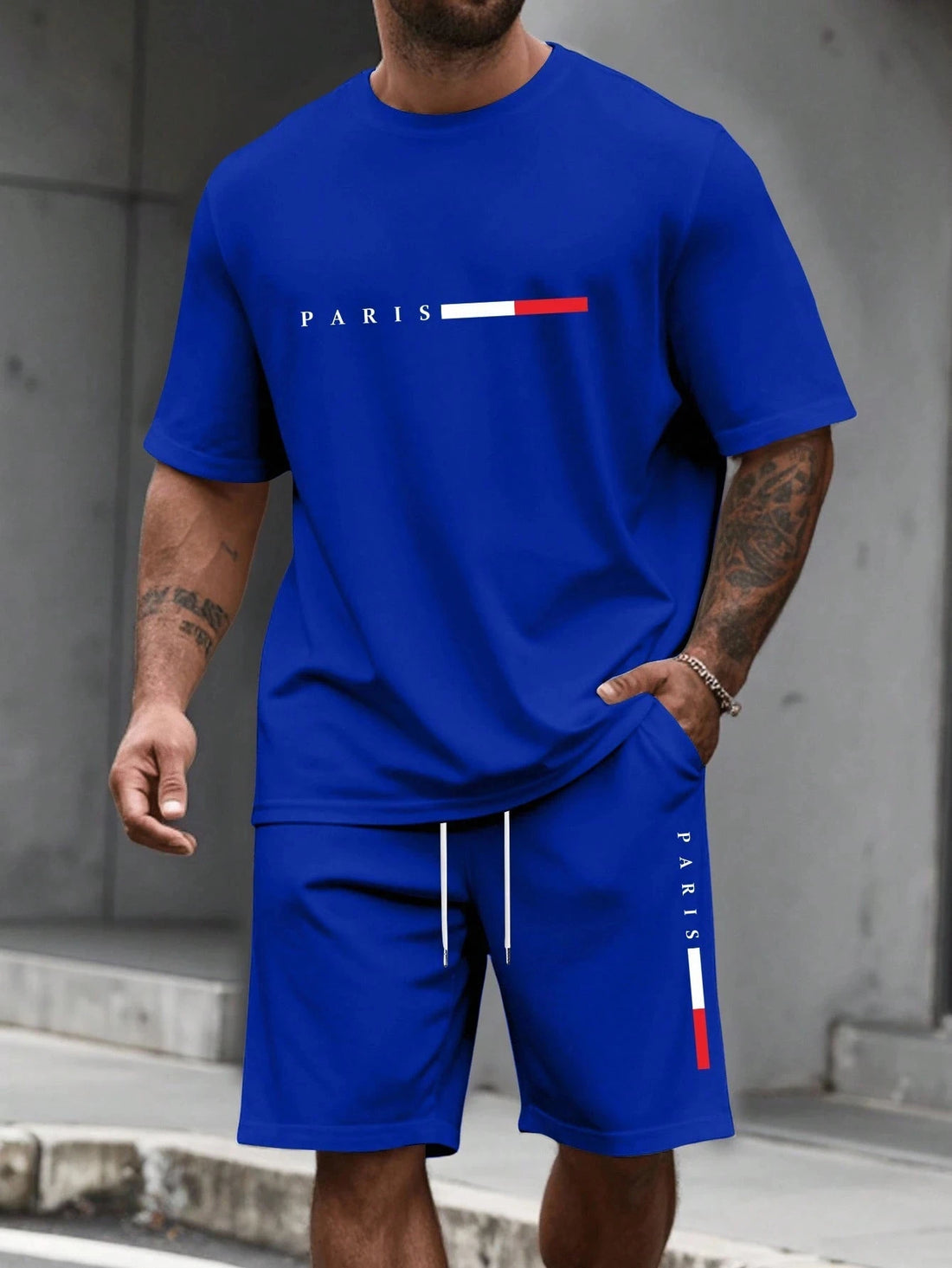 Men's Paris Letter Print 2-Piece Set – Round Neck Short Sleeve T-Shirt & Sport Shorts