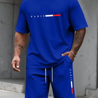 Men's Paris Letter Print 2-Piece Set – Round Neck Short Sleeve T-Shirt & Sport Shorts