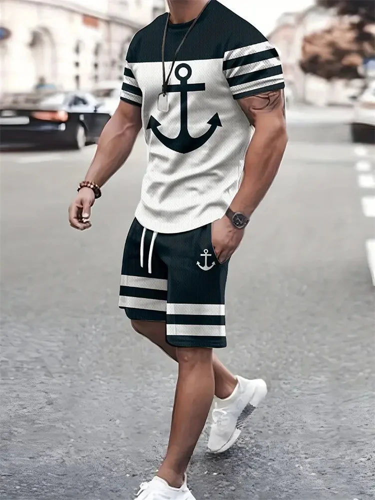 Men's Sailor Anchor Print Short Sleeve Set – T-Shirt & Drawstring Shorts