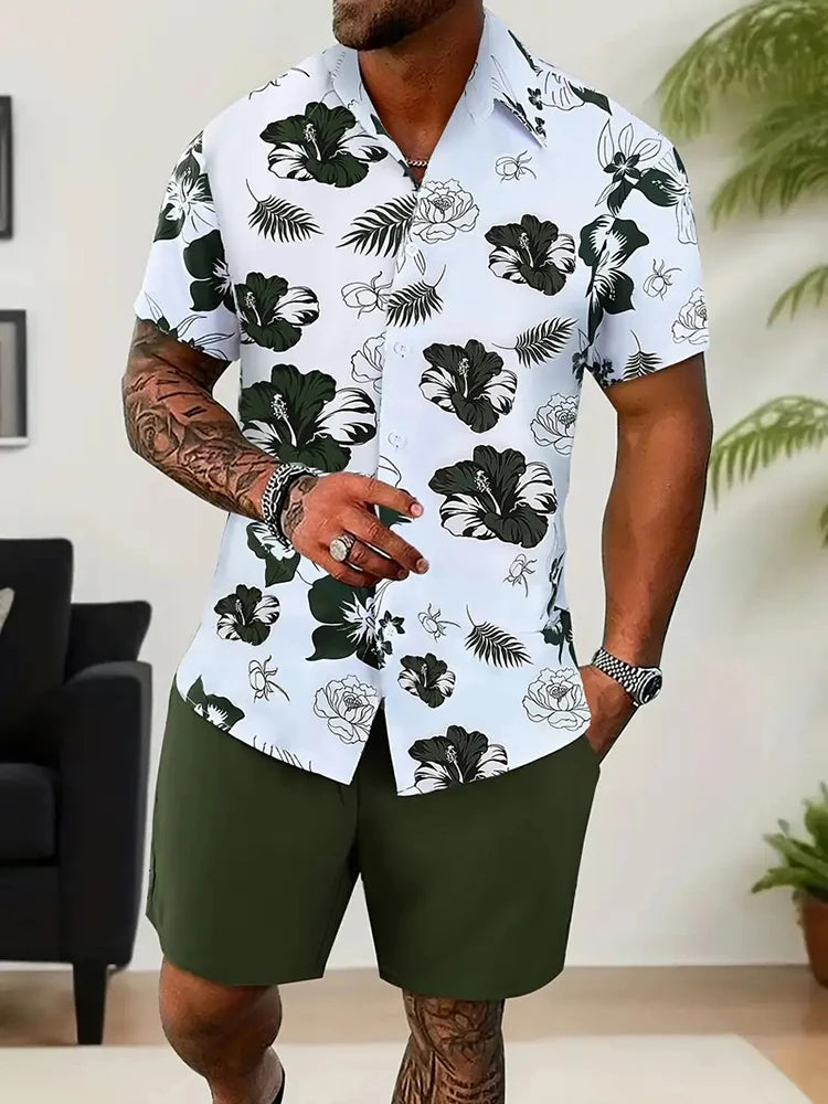 Men's Hawaii Baroque Print 2-Piece Set – Short Sleeve Lapel Shirt & Shorts Summer Vacation Suit