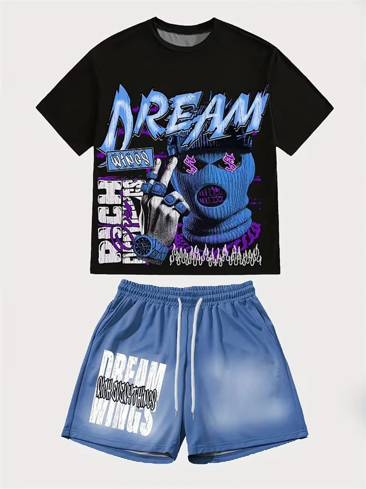 Men's 3D Skull Print Hip-Hop 2-Piece Set – Round Neck Top & Shorts | American Street Style
