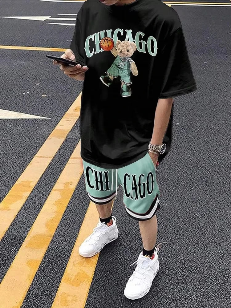 Men's Cartoon Bear 3D Print Short Sleeve Set – Streetwear T-Shirt & Drawstring Shorts