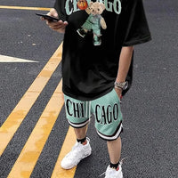 Men's Cartoon Bear 3D Print Short Sleeve Set – Streetwear T-Shirt & Drawstring Shorts