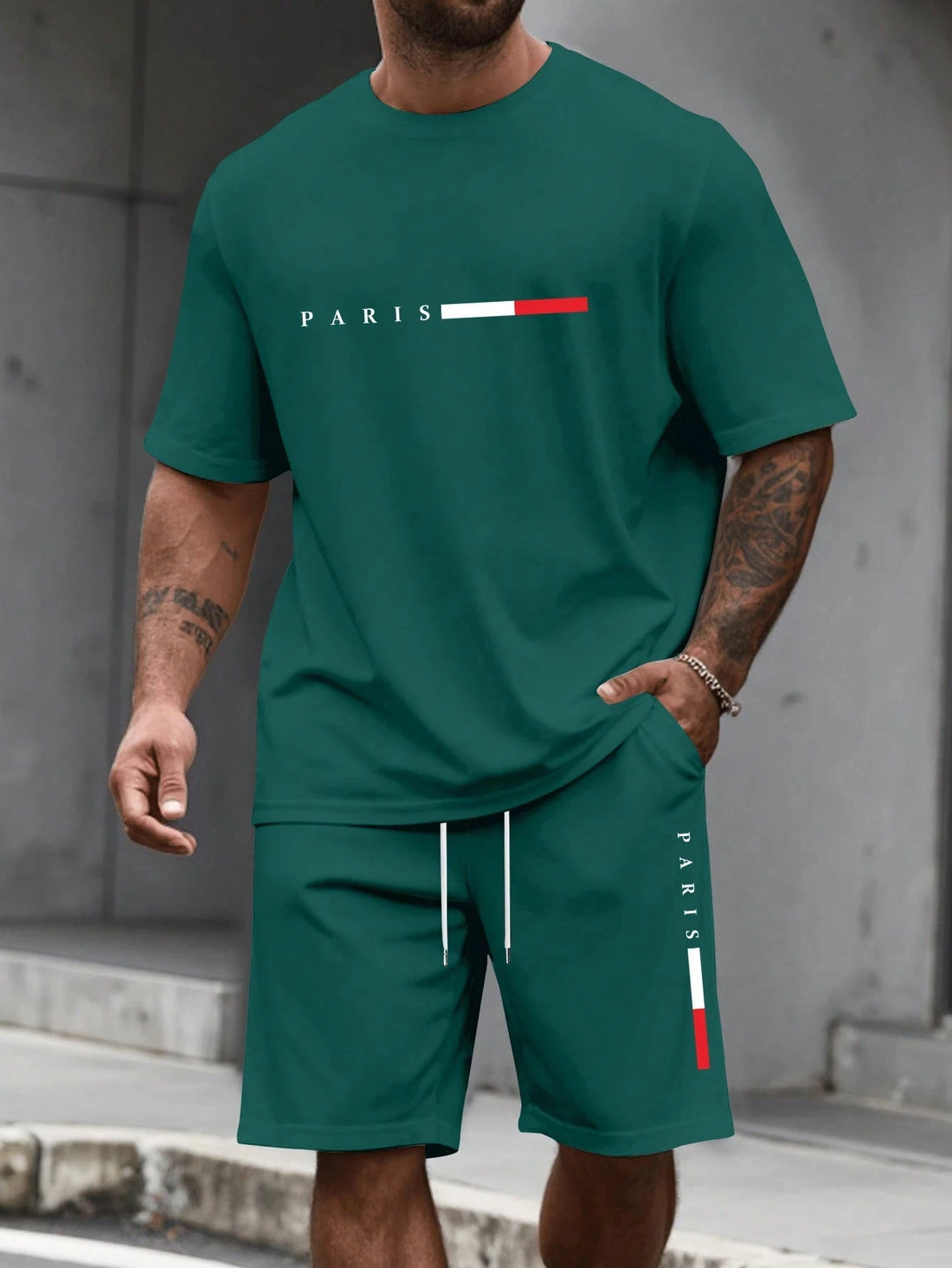 Men's Paris Letter Print 2-Piece Set – Round Neck Short Sleeve T-Shirt & Sport Shorts
