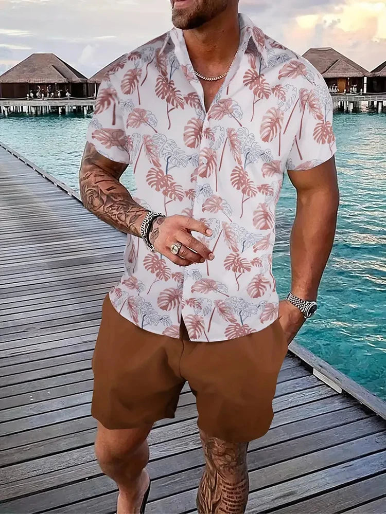 Men's Hawaii Baroque Print 2-Piece Set – Short Sleeve Lapel Shirt & Shorts Summer Vacation Suit