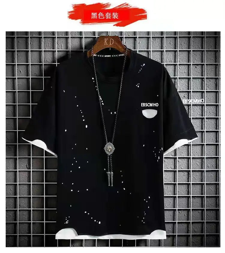 Men's Plus Size 7XL Summer Patchwork Tracksuit – Streetwear T-Shirt & Jogger Shorts 2-Piece