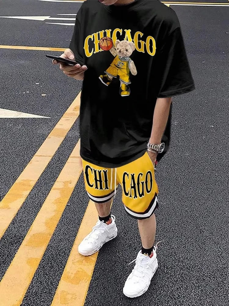 Men's Cartoon Bear 3D Print Short Sleeve Set – Streetwear T-Shirt & Drawstring Shorts