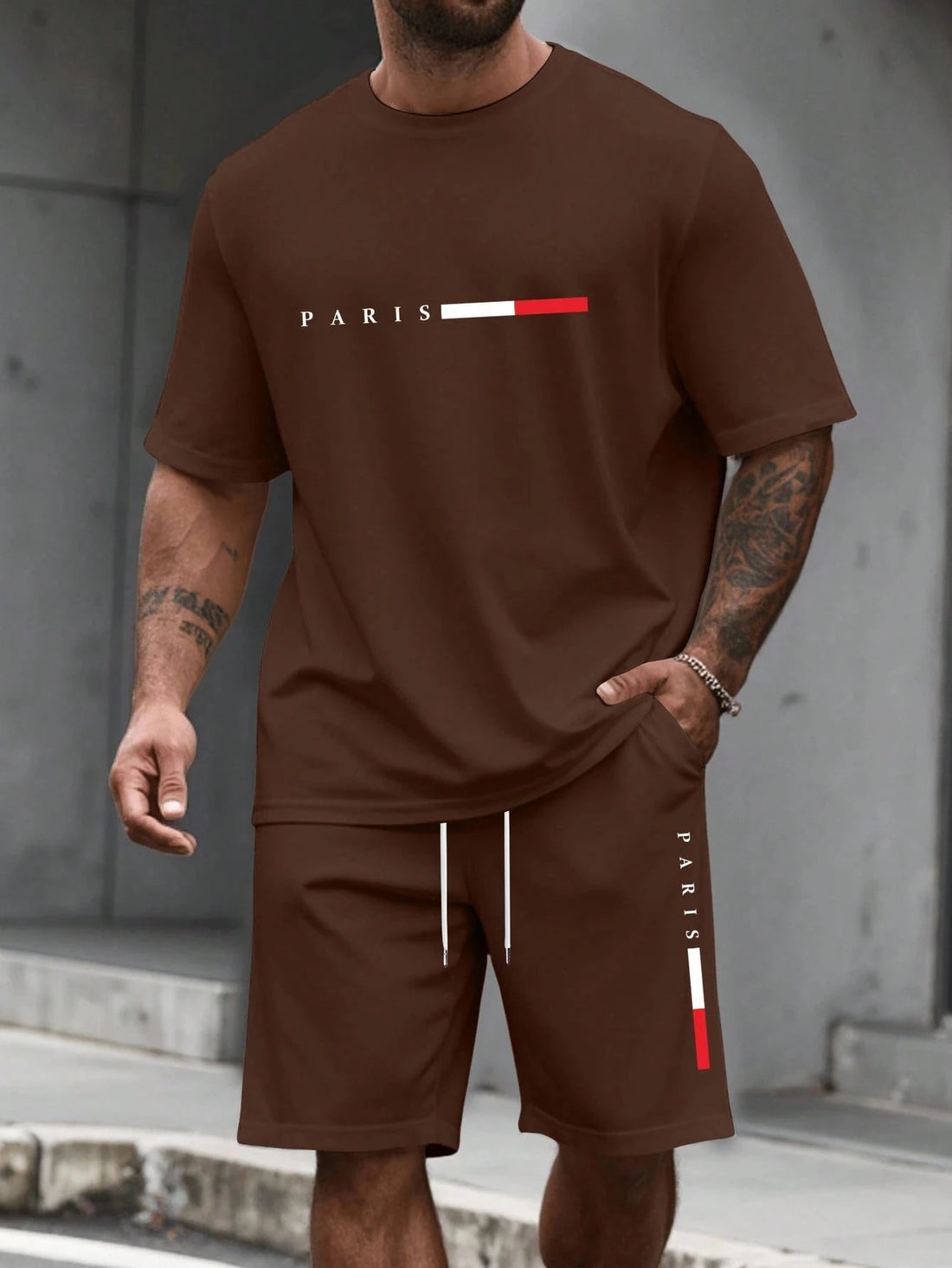 Men's Paris Letter Print 2-Piece Set – Round Neck Short Sleeve T-Shirt & Sport Shorts