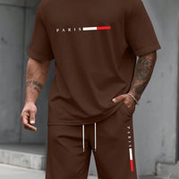 Men's Paris Letter Print 2-Piece Set – Round Neck Short Sleeve T-Shirt & Sport Shorts
