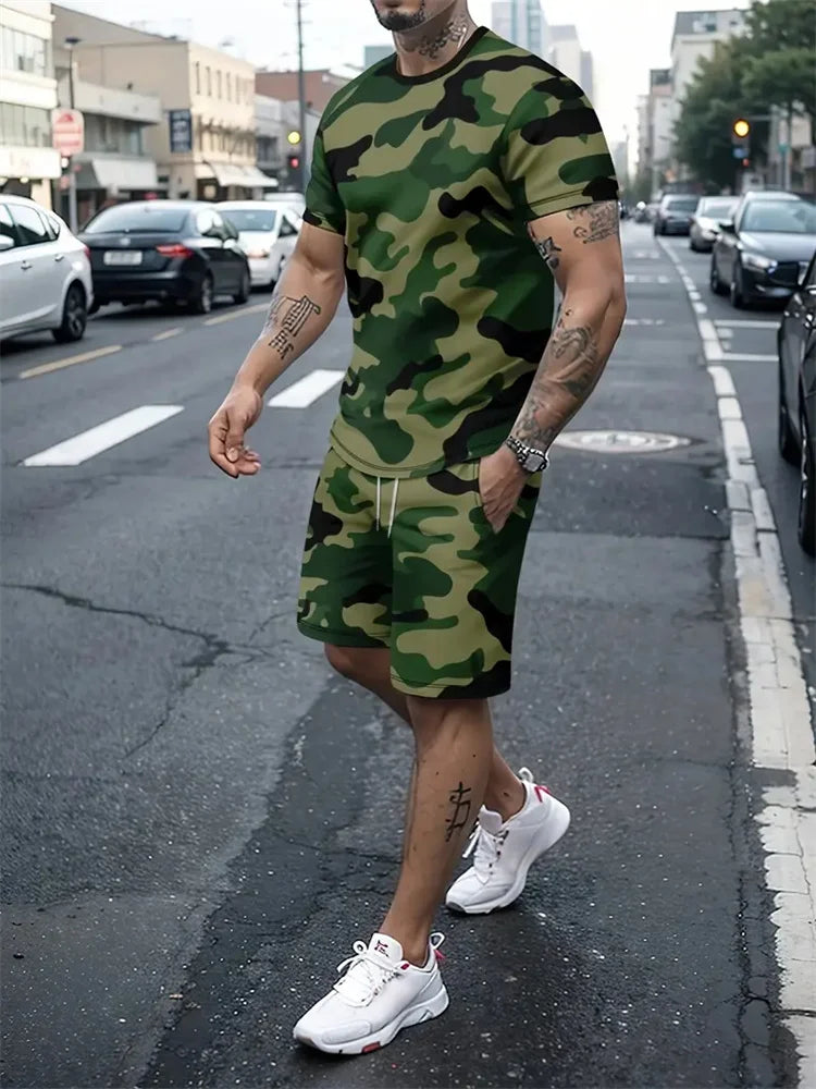 Men's Camouflage Print Summer Sportswear Set – Short Sleeve & Shorts 2-Piece